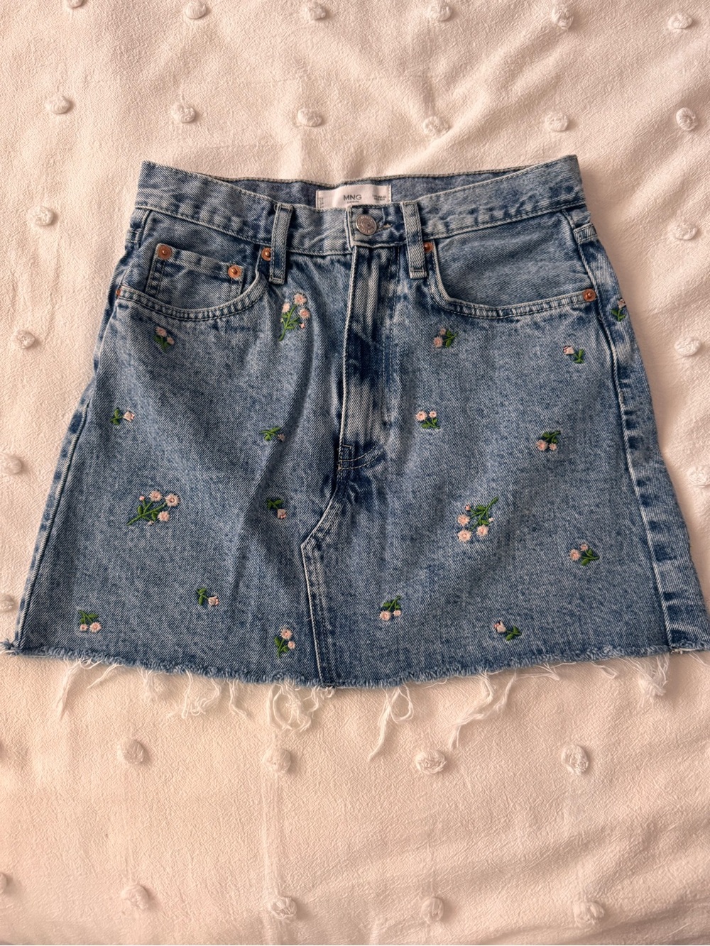 Mango Light Blue Denim Mini Skirt with Pink Floral Embroidery